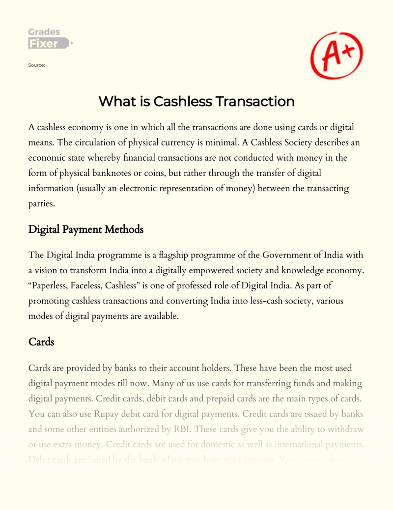 Different Methods of Cashless Transactions Essay