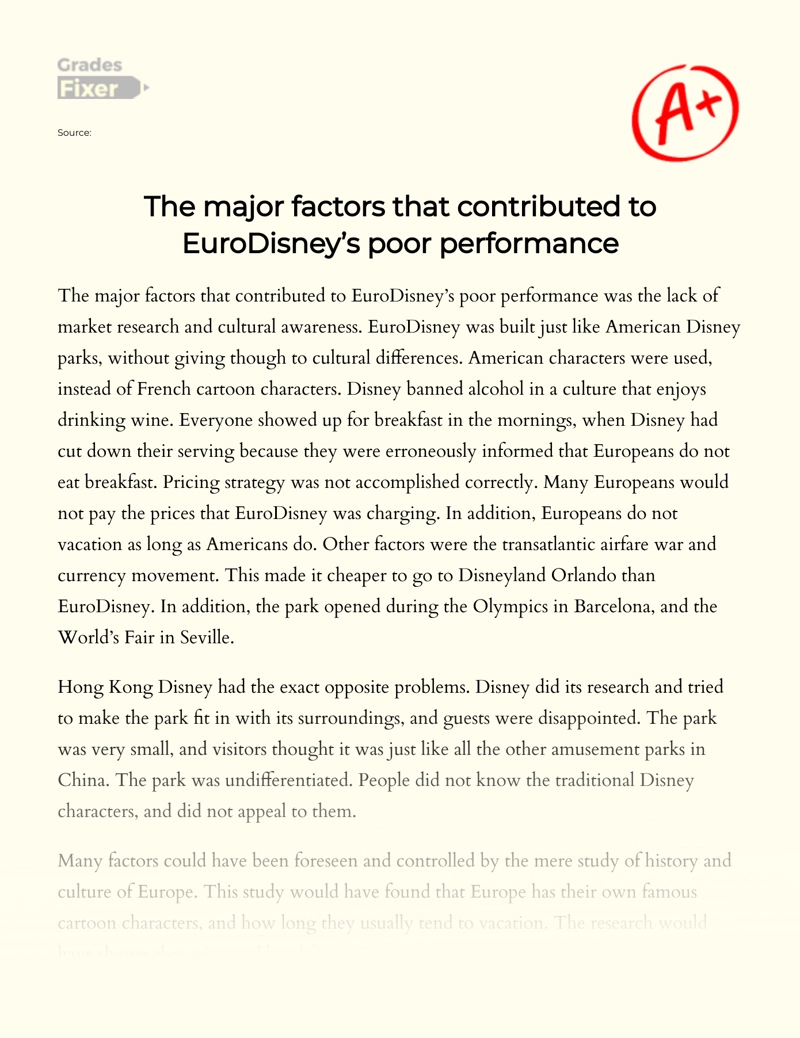 The Major Factors that Contributed to Eurodisney’s Poor Performance  Essay