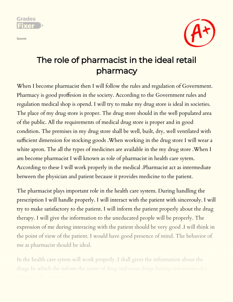 The Role of Pharmacist in The Ideal Retail Pharmacy Essay