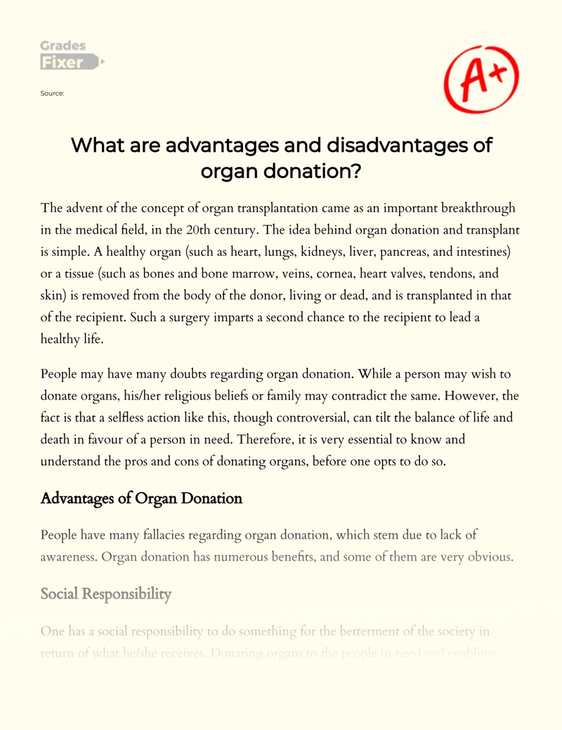 Advantages and Disadvantages of Organ Donation essay