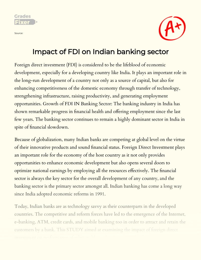 Impact of Fdi on Indian Banking Sector essay