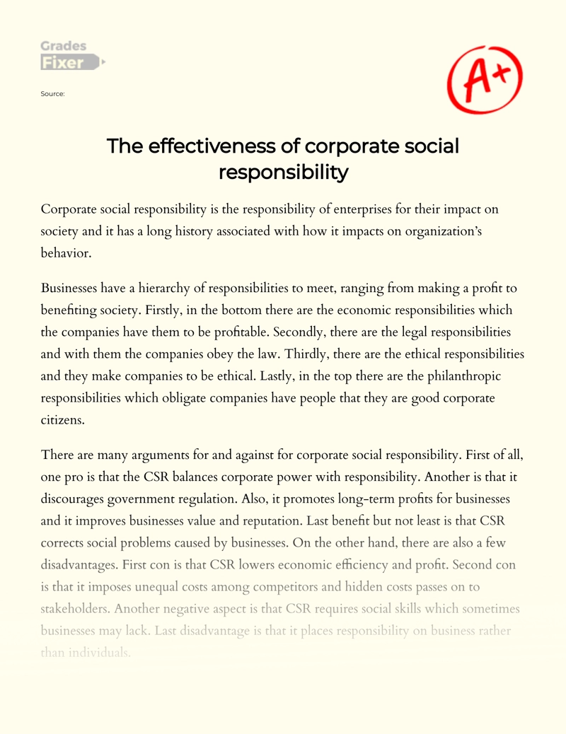 The Effectiveness of Corporate Social Responsibility  Essay