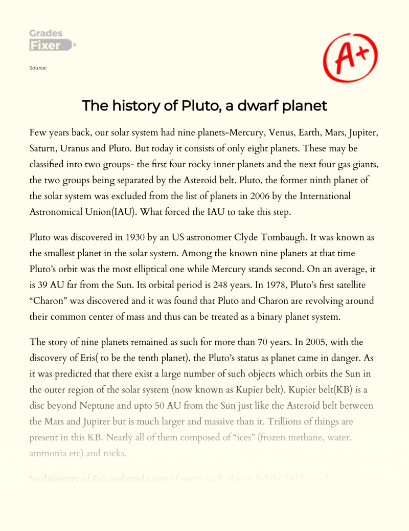 The History of Pluto, a Dwarf Planet essay