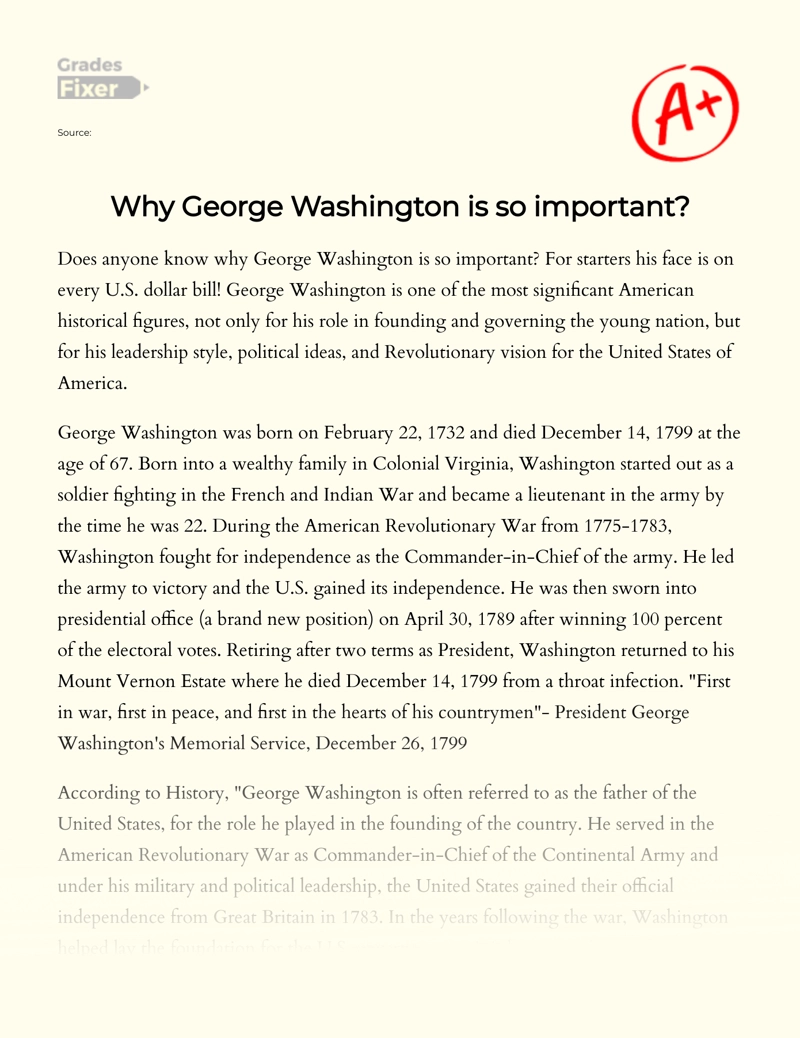 The Importance of George Washington for America essay