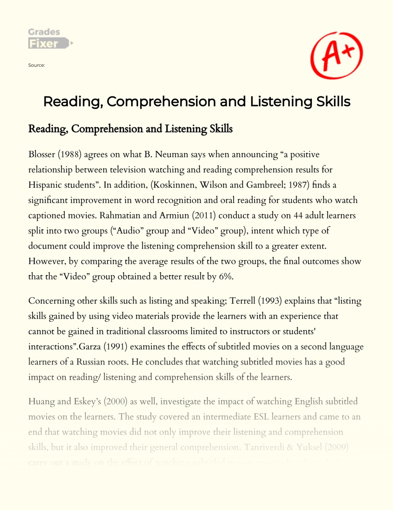 Reading, Comprehension and Listening Skills Essay