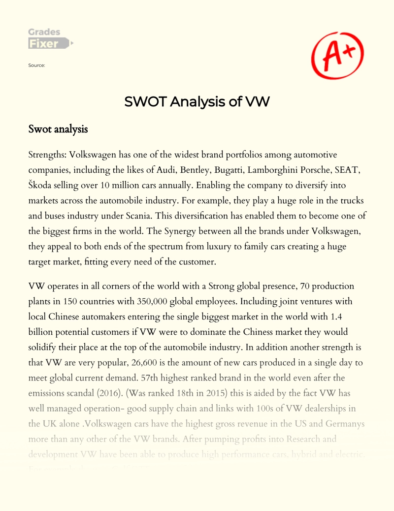Swot Analysis of Vw essay