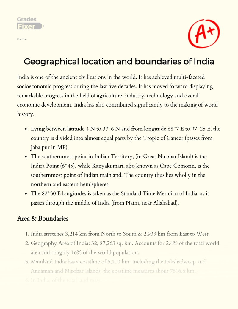 Geographical Location and Boundaries of India Essay