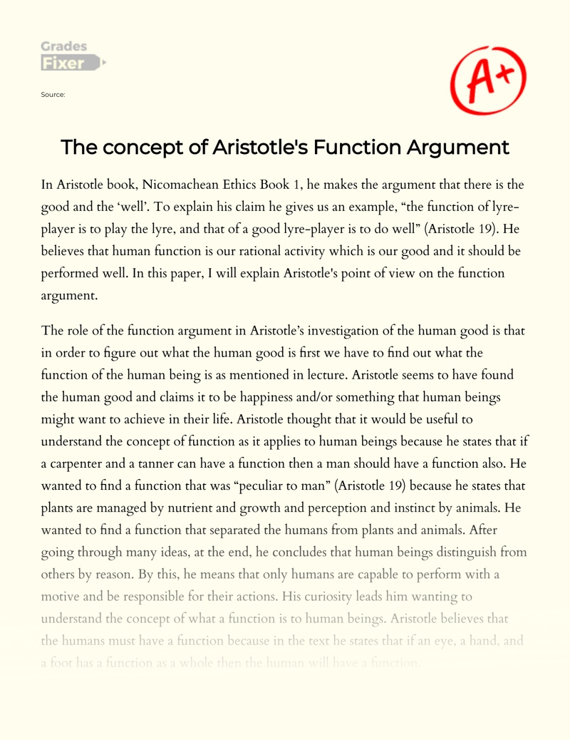 The Concept of Aristotle's Function Argument  Essay