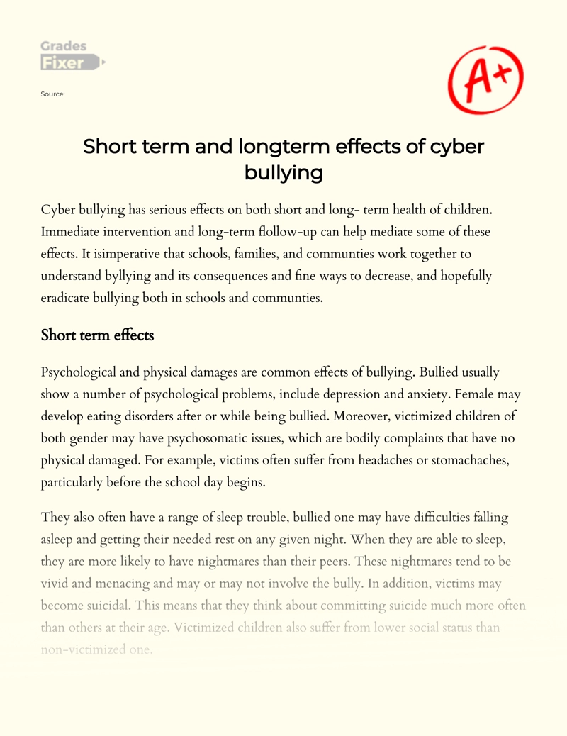 Features of Short Term and Long-term Effects of Bullying Essay