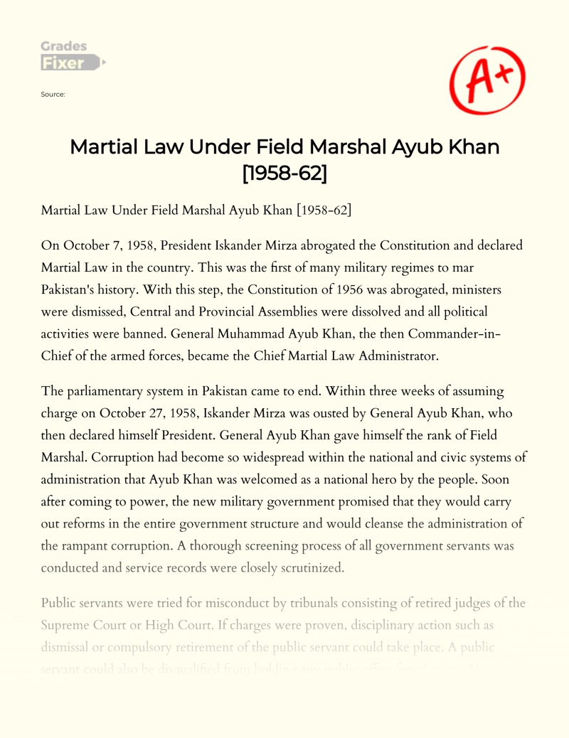 Martial Law Under Field Marshal Ayub Khan [1958-62]  Essay
