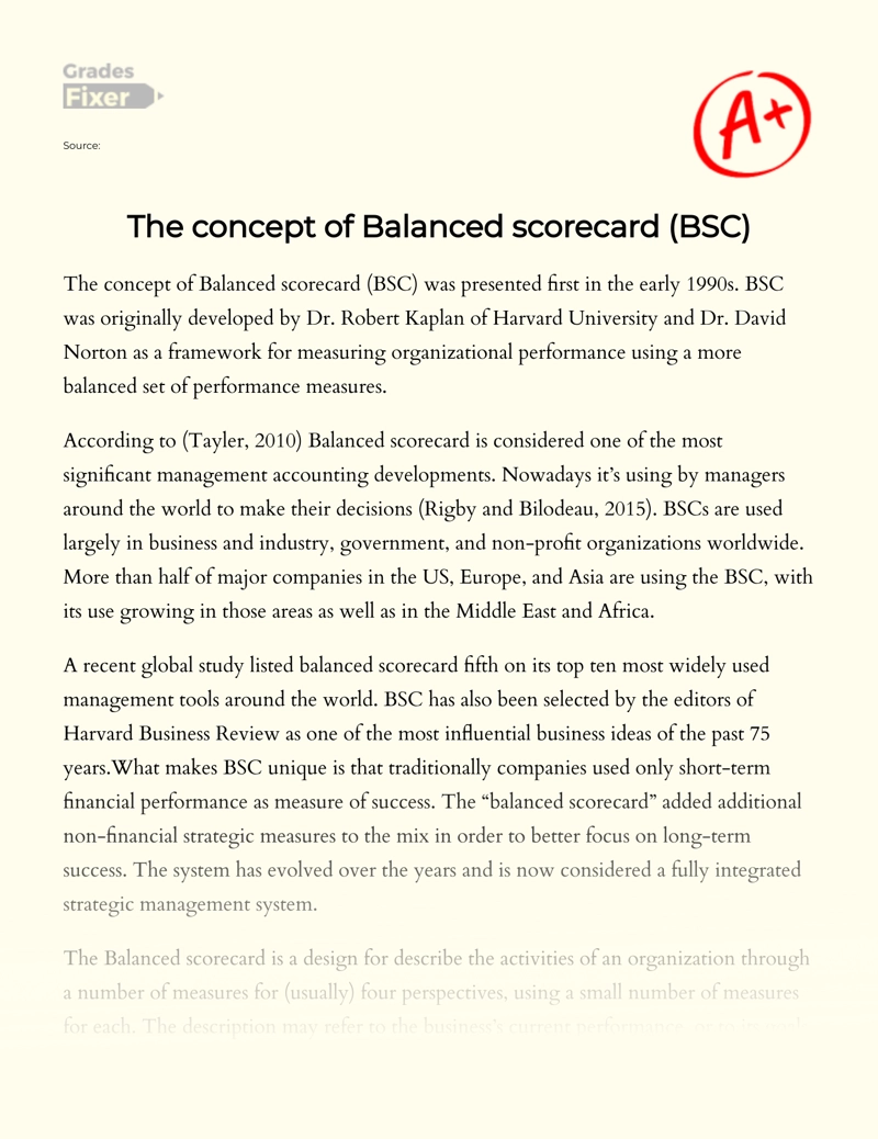 The Concept of Balanced Scorecard (BSc) Essay