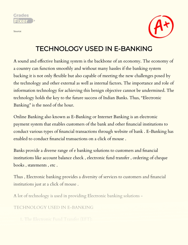 Technology Used in E-banking and Its Functions Essay