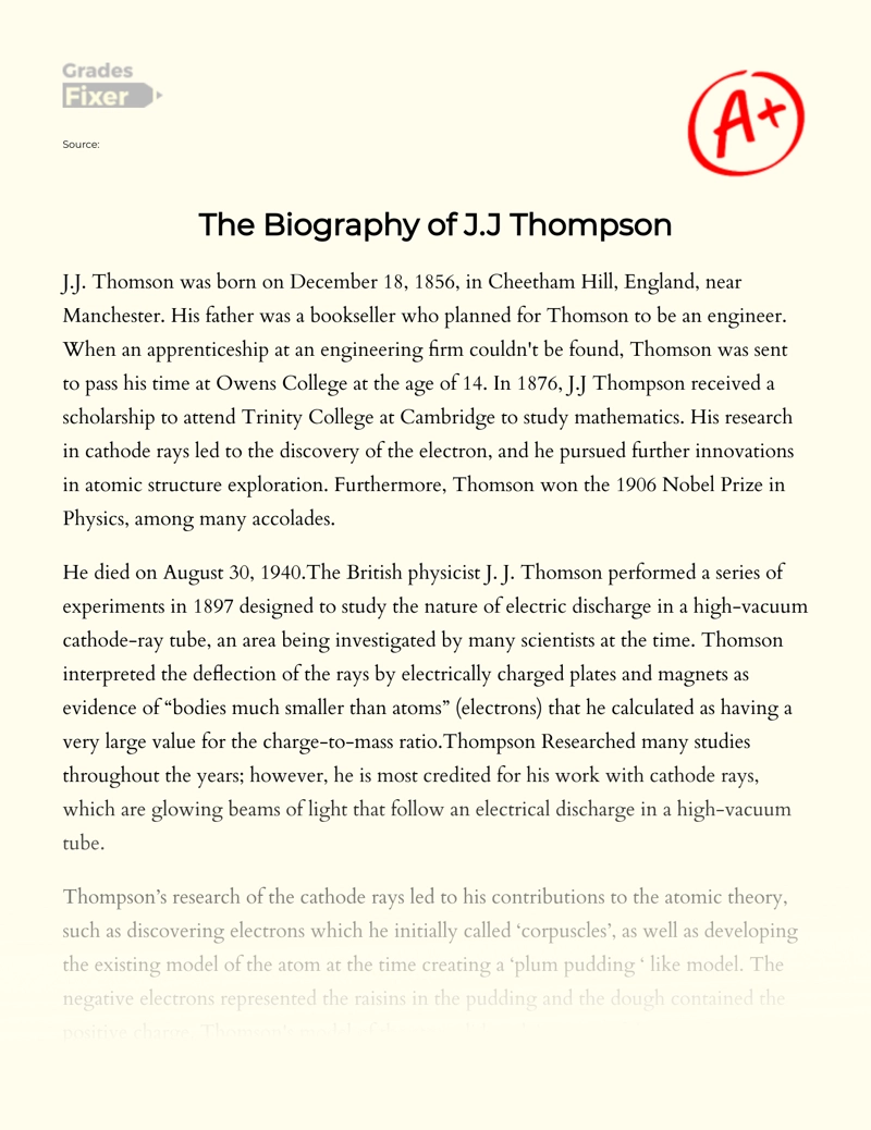 The Biography of J.j Thomson Essay