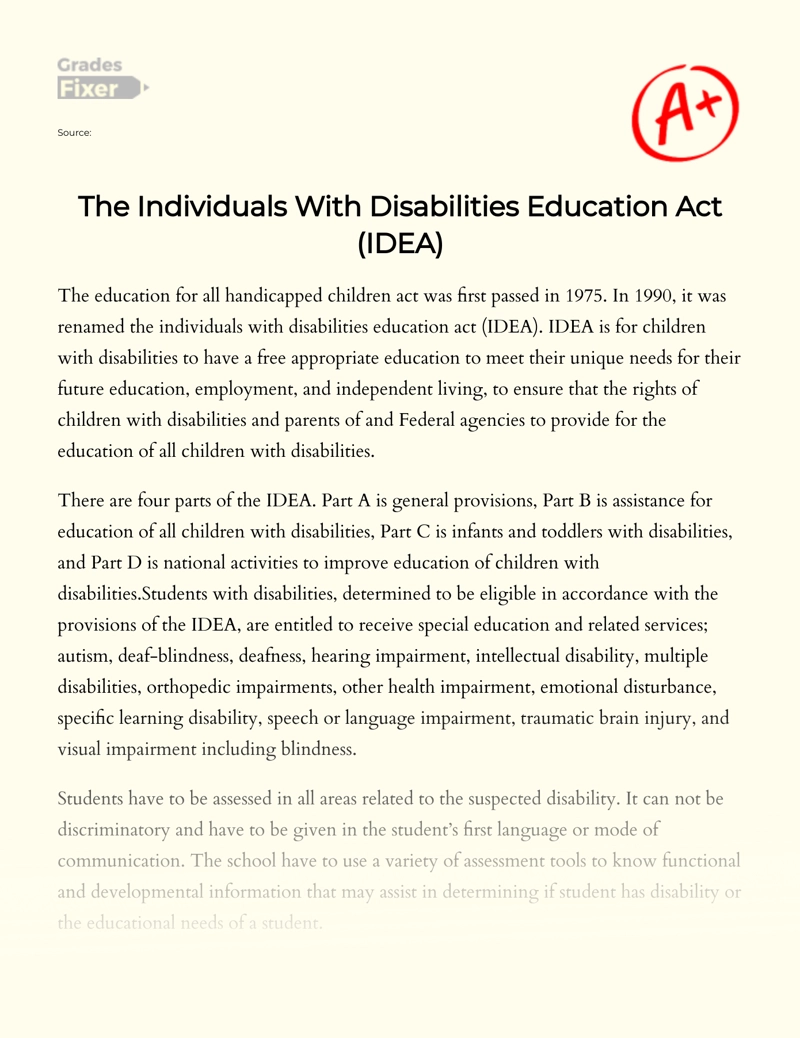 The Individuals with Disabilities Education Act (idea) Essay