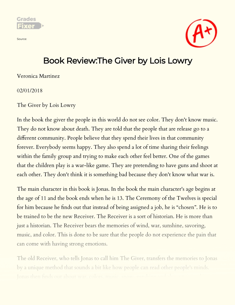 Lois Lowry The Giver: Book Review essay