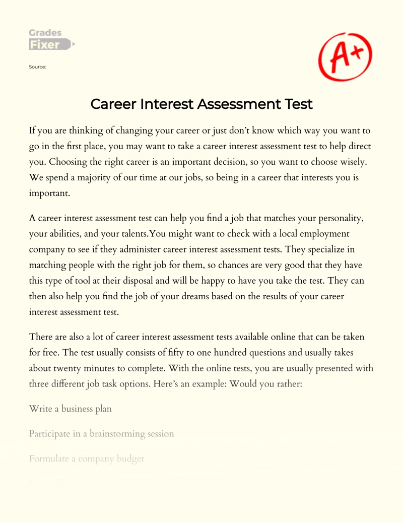 Career Interest Assessment Test Essay