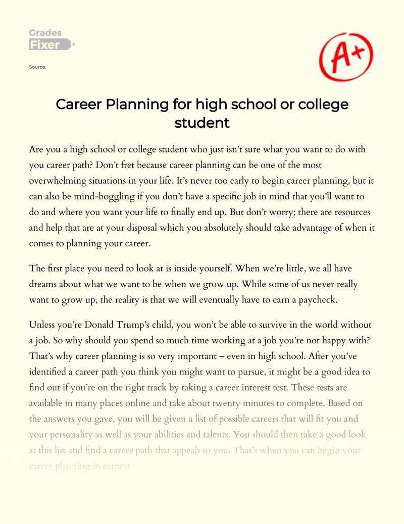 Career Planning for High School Or College Student Essay