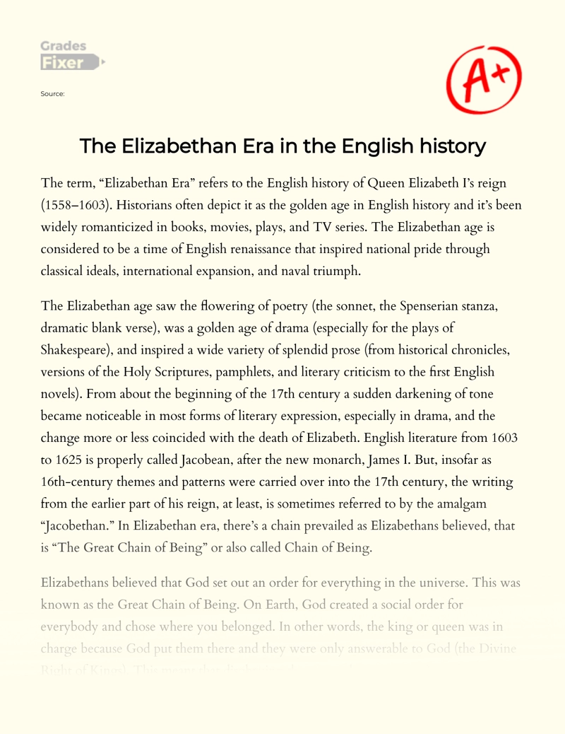 The Elizabethan Era in The English History  Essay