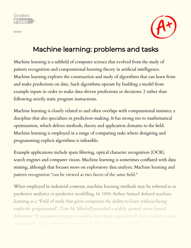 Machine Learning: Problems and Tasks  Essay