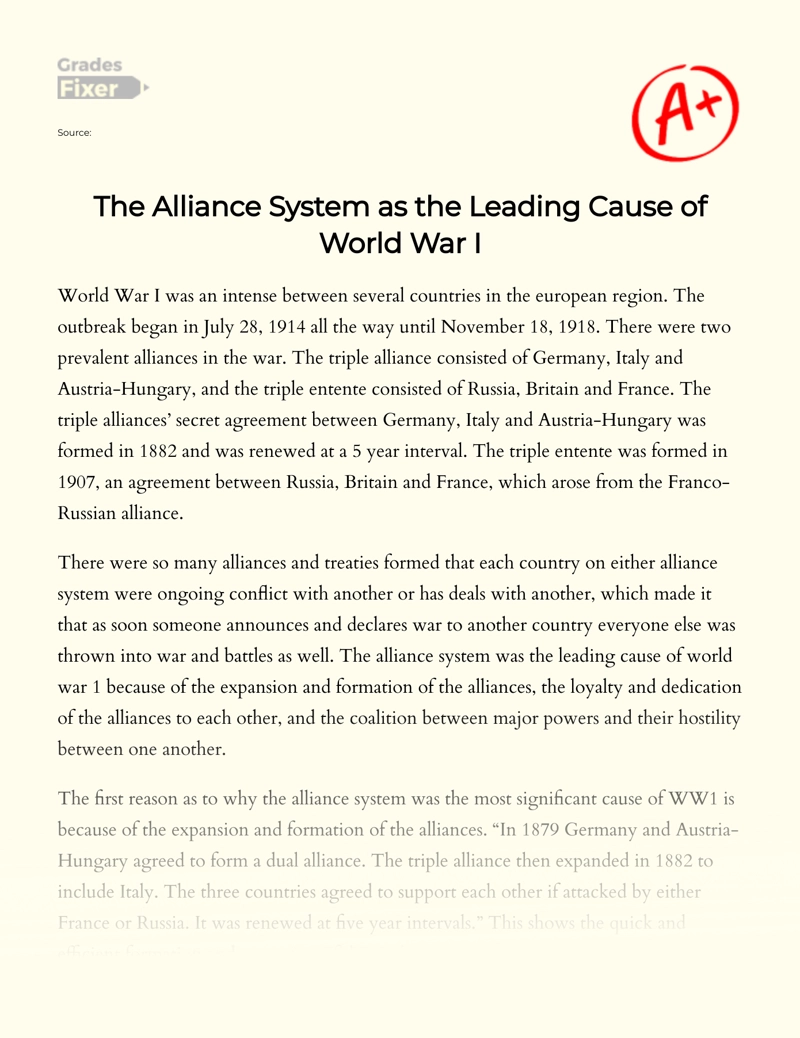 How The Alliance System Was The Main Cause of Ww1 Essay