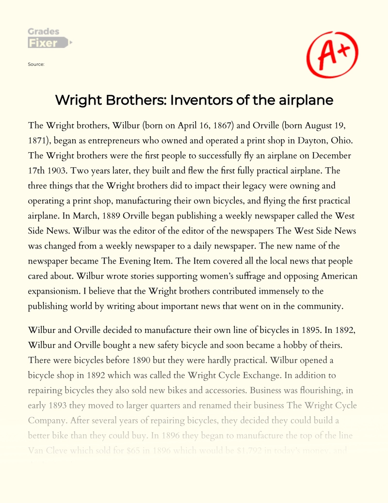 Wright Brothers: Inventors of The Airplane Essay