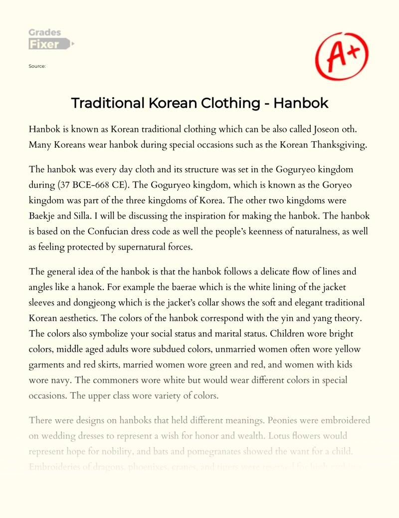 Traditional Korean Clothing - Hanbok  Essay