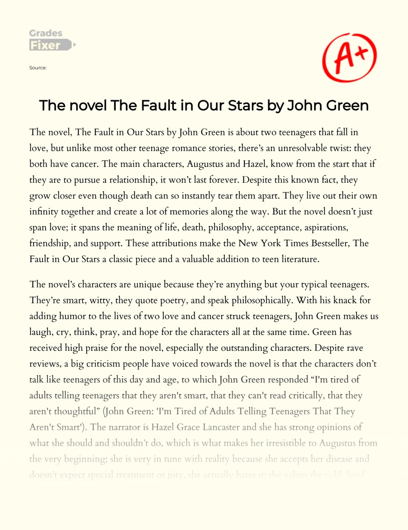 "The Fault in Our Stars": Analysis of Characters and Themes Essay
