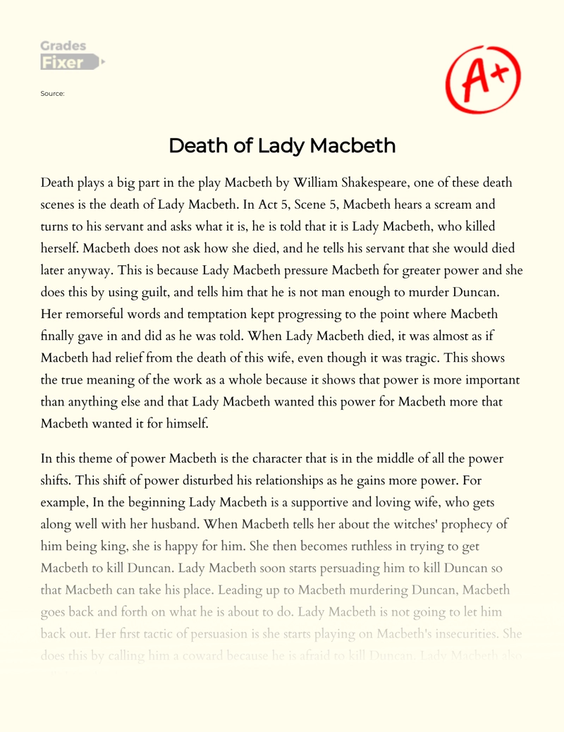 How Does Lady Macbeth Die Essay