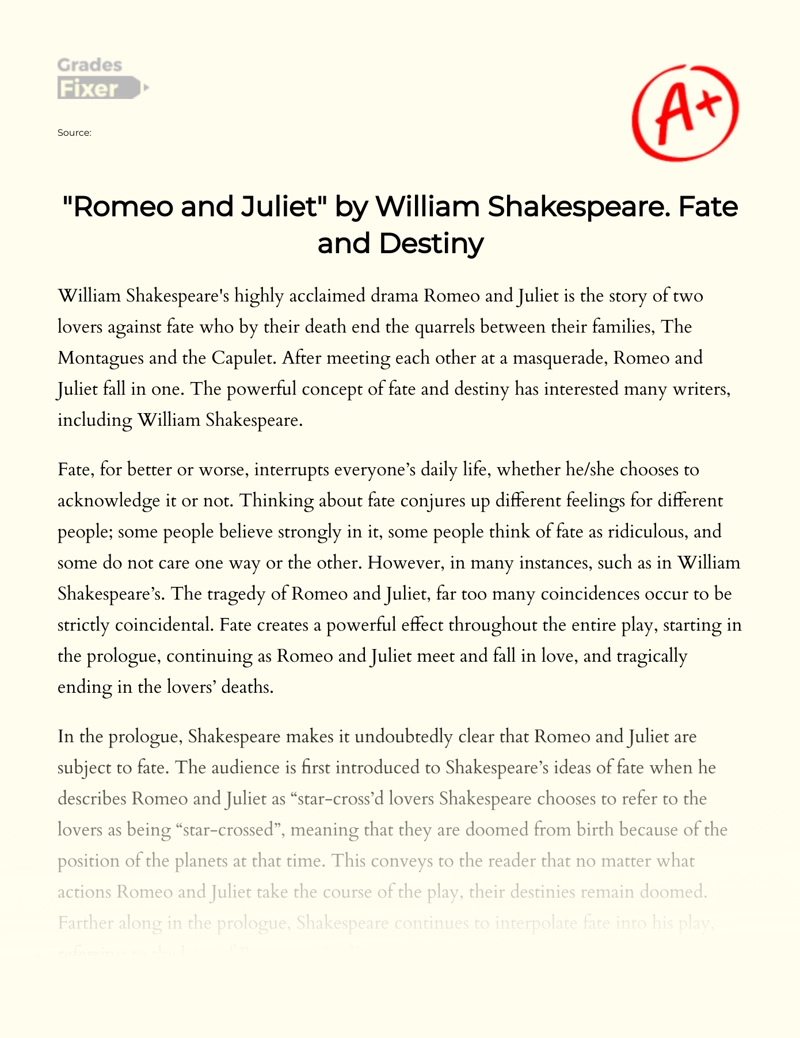 "Romeo and Juliet" by William Shakespeare: Fate and Destiny essay