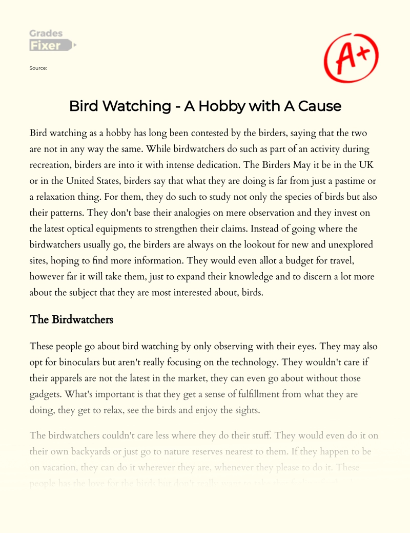 Bird Watching - a Hobby with a Cause Essay