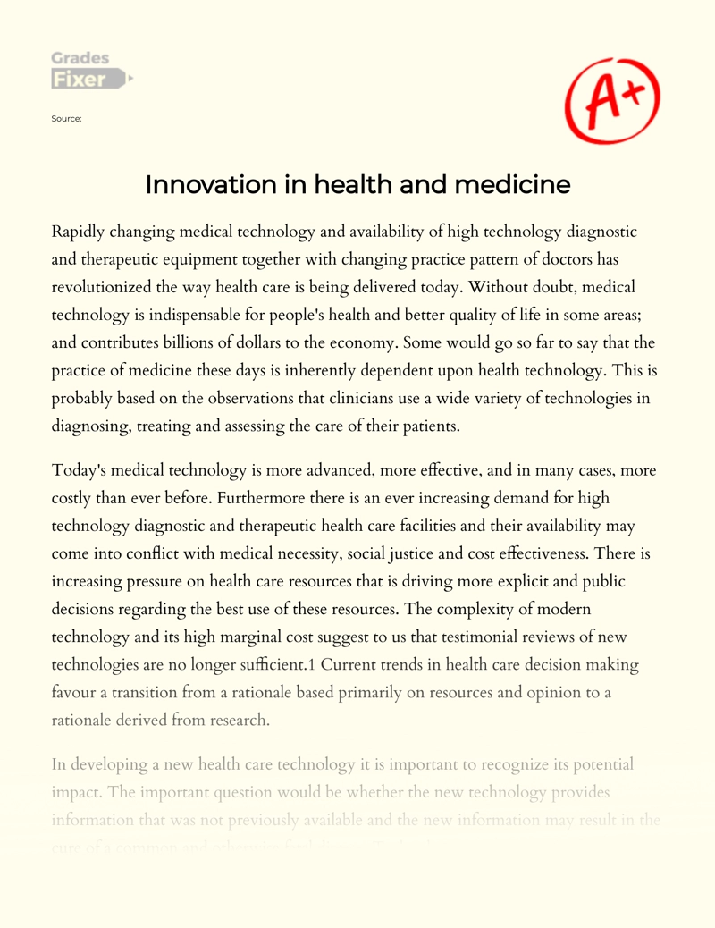 Innovation in Health and Medicine Essay