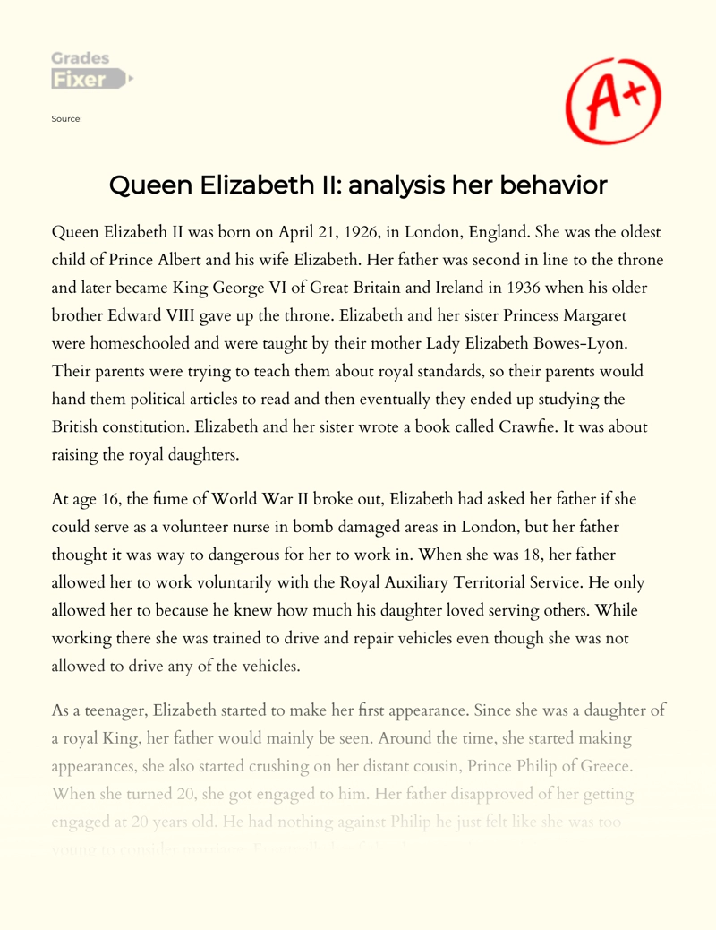 Queen Elizabeth Ii: Analysis of Her Behavior essay