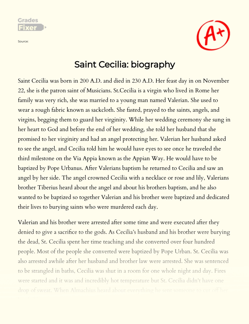 Life and Death of Saint Cecilia essay