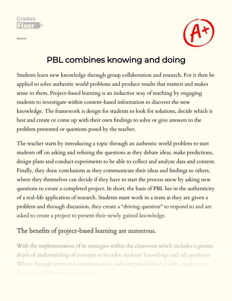 Pbl Combines Knowing and Doing Essay