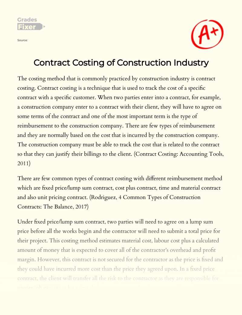 Contract Costing of Construction Industry Essay