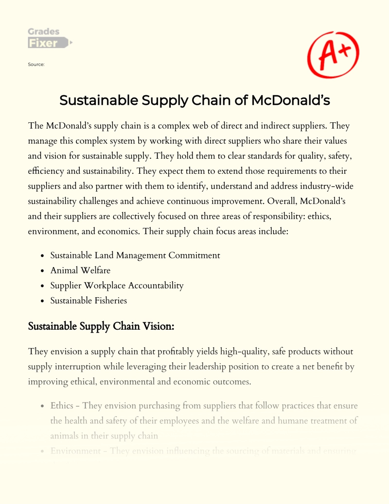 Sustainable Supply Chain of Mcdonald’s Essay