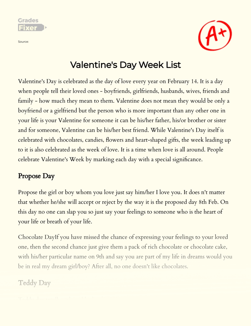 Valentine's Day Week List essay
