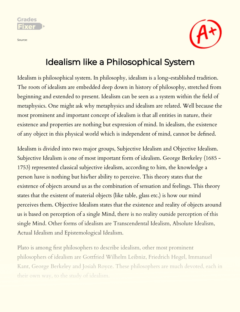 Idealism Like a Philosophical System Essay