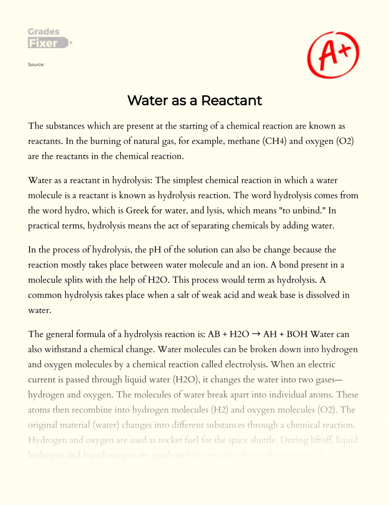 Overview of Water as a Reactant  Essay