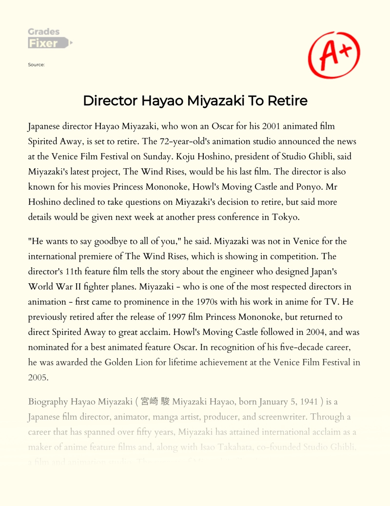 Director Hayao Miyazaki to Retire essay