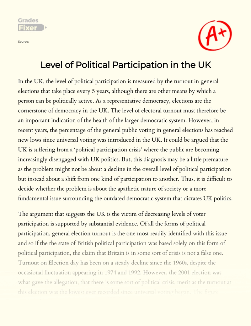 Level of Political Participation in The UK Essay