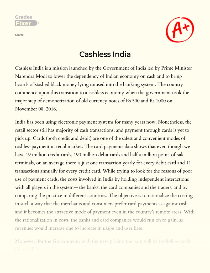 Cashless India: Overview of The Mission Essay
