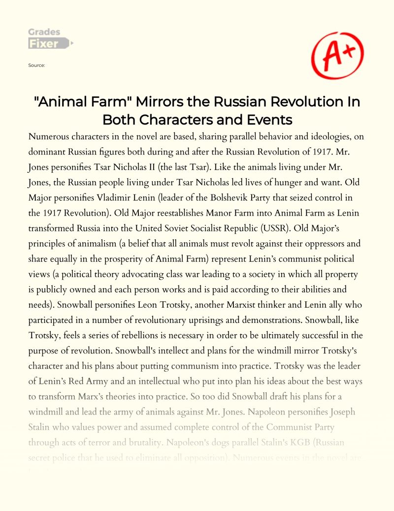 "Animal Farm" Mirrors The Russian Revolution in Both Characters and Events Essay