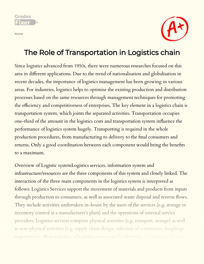 The Role of Transportation in Logistics Chain essay