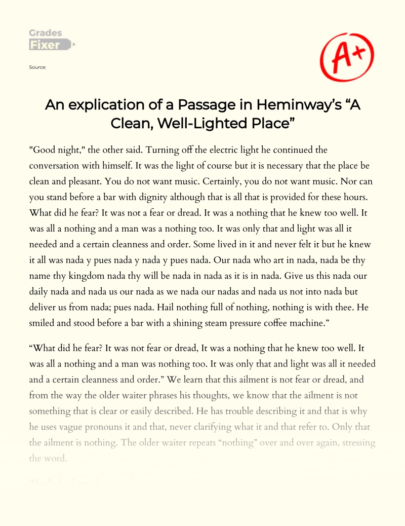 An Explication of a Passage in Hemingway’s "A Clean, Well-lighted Place" Essay