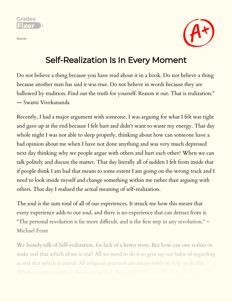 Self-realization is in Every Moment Essay