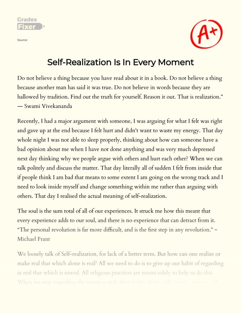 Self Realization Is In Every Moment Essay Example 932 Words GradesFixer