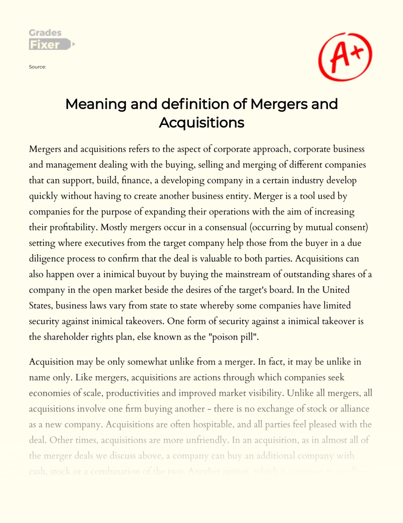 Meaning and Definition of Mergers and Acquisitions Essay