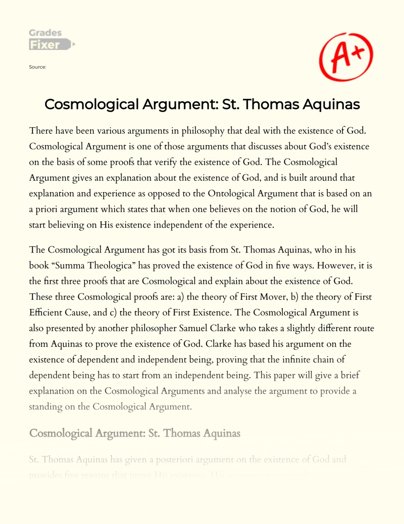 Cosmological Argument: St. Thomas Aquinas Essay