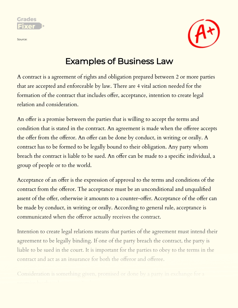 Examples of Business Law Essay